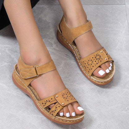 Cheky - Summer Wedges Roman Sandals For Women Casual Hollow Velcro-design Beach Shoes