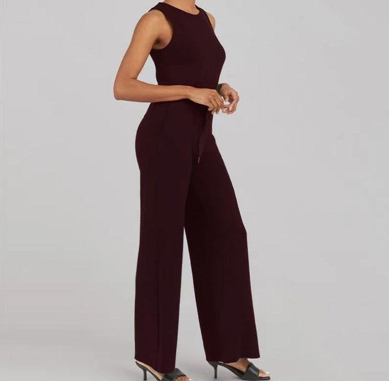 Cheky - Solid Color Jumpsuit Sleeveless Tops Tie Elastic Pants Romper