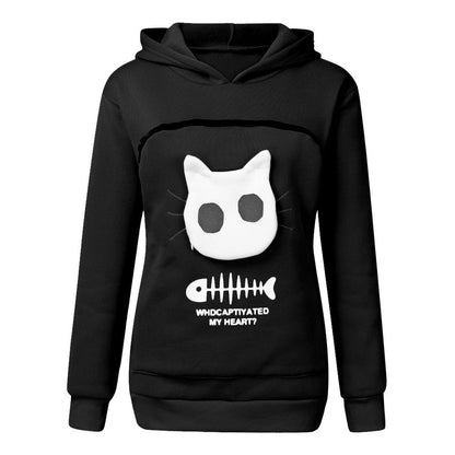 Cheky - Women Hoodie Sweatshirt With Cat Pet Pocket Design Long Sleeve Sweater Cat Outfit