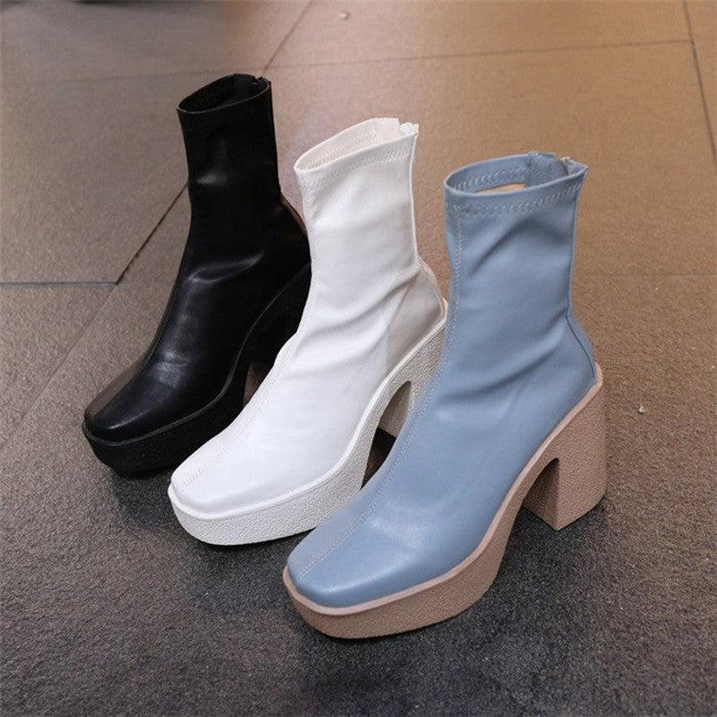 Cheky - Korean Boots Square Toe Chunky Heel Waterproof