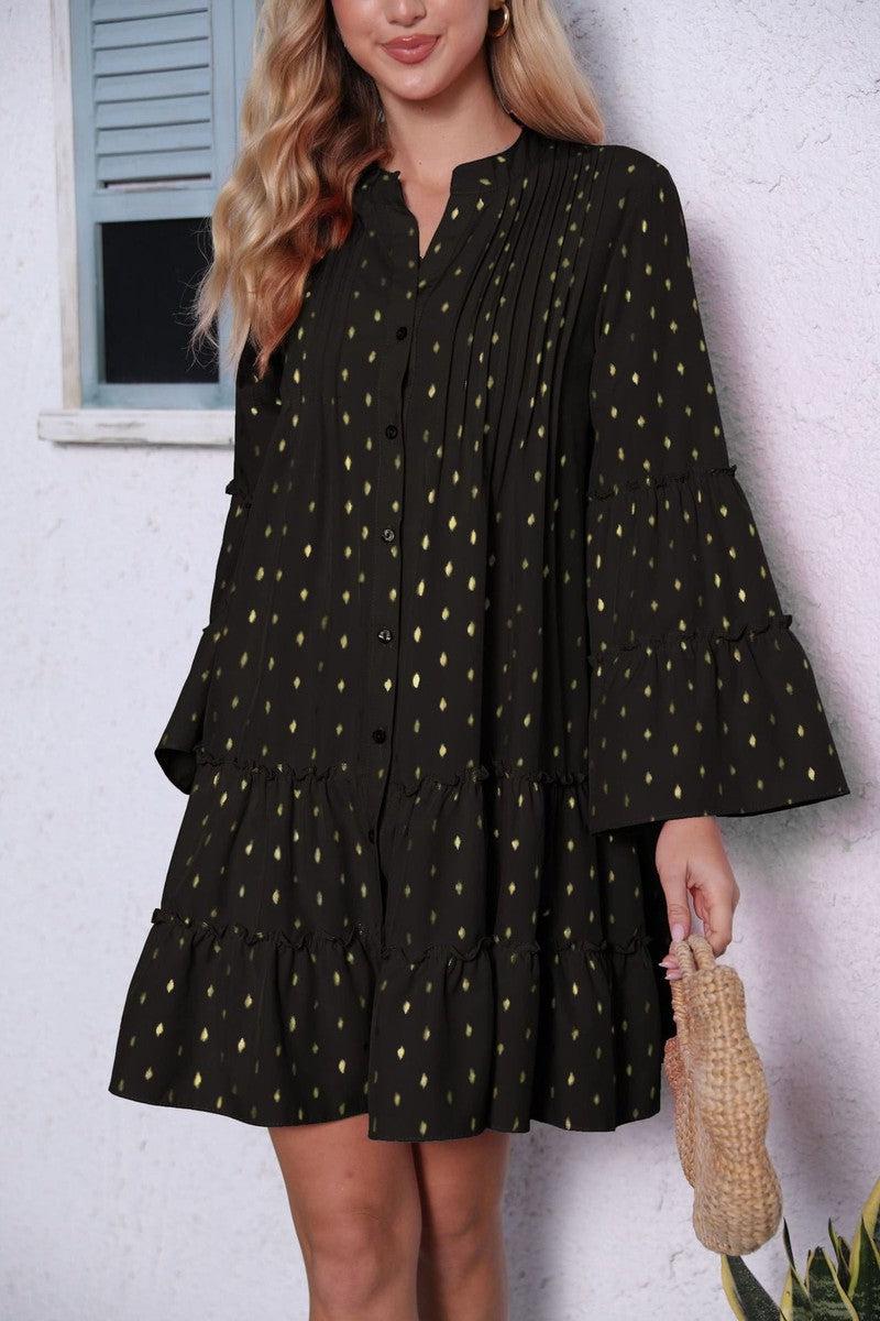 Cheky - New Printed Bronzing Pleated Flared Long Sleeve Dress Summer Button Design Loose Dresses Fashion Womens Clothing