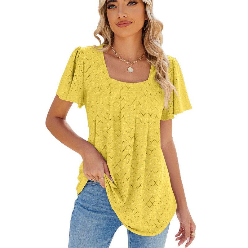 Cheky - Summer Square Neck Pleated Short-sleeved T-shirt Loose Solid Color Ruffled Hollow Design Top For Womens Clothing