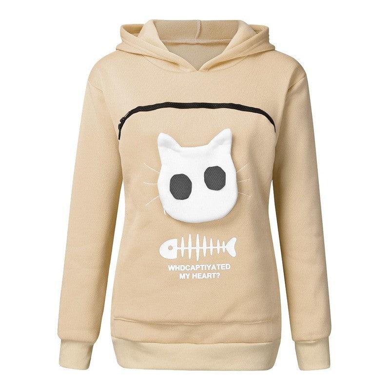 Cheky - Women Hoodie Sweatshirt With Cat Pet Pocket Design Long Sleeve Sweater Cat Outfit