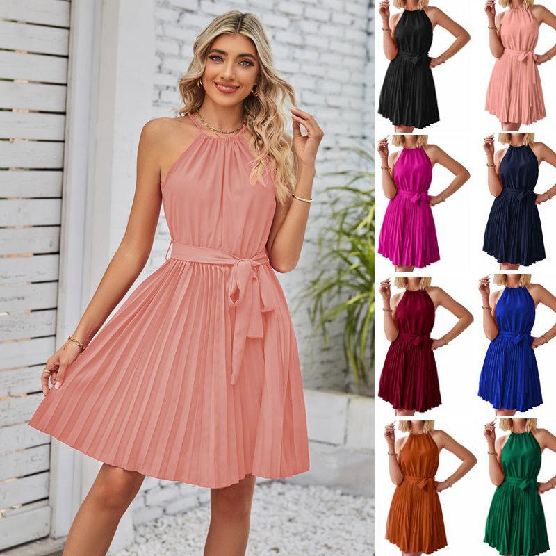 Cheky - Halter Strapless Dresses For Women Solid Pleated Skirt Summer Beach Sundress