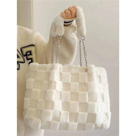 Cheky - White Plush One Shoulder Bag Casual Tote Bag