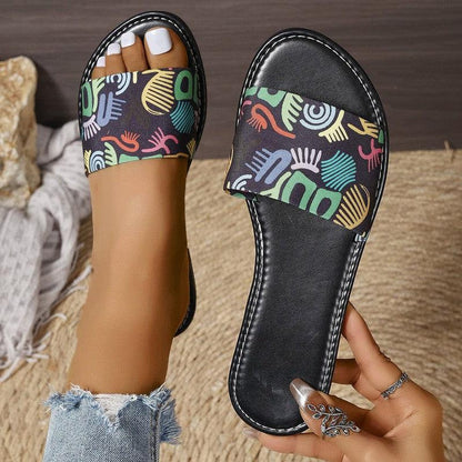 Cheky - New Fashion Graffiti Print Sandals For Women Summer Round Toe Low Heel Flat Slippers For Women Slides Casual Beach Shoes