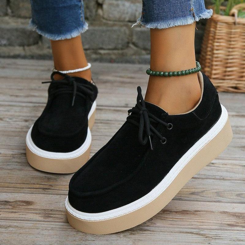 Cheky - New Thick Bottom Lace-up Flats Women Solid Color Casual Fashion Lightweight Walking Sports Shoes