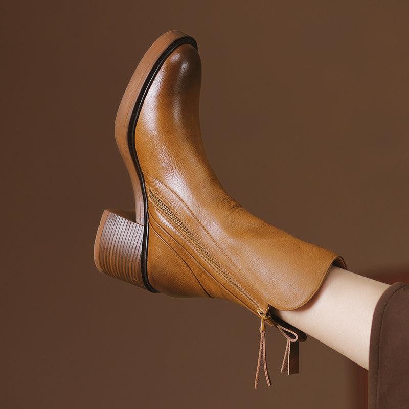 Cheky - Thick Heel Brown Ankle Boots British Style Handsome