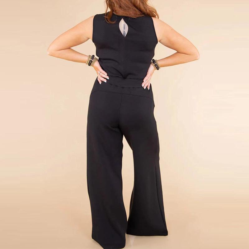 Cheky - Solid Color Jumpsuit Sleeveless Tops Tie Elastic Pants Romper