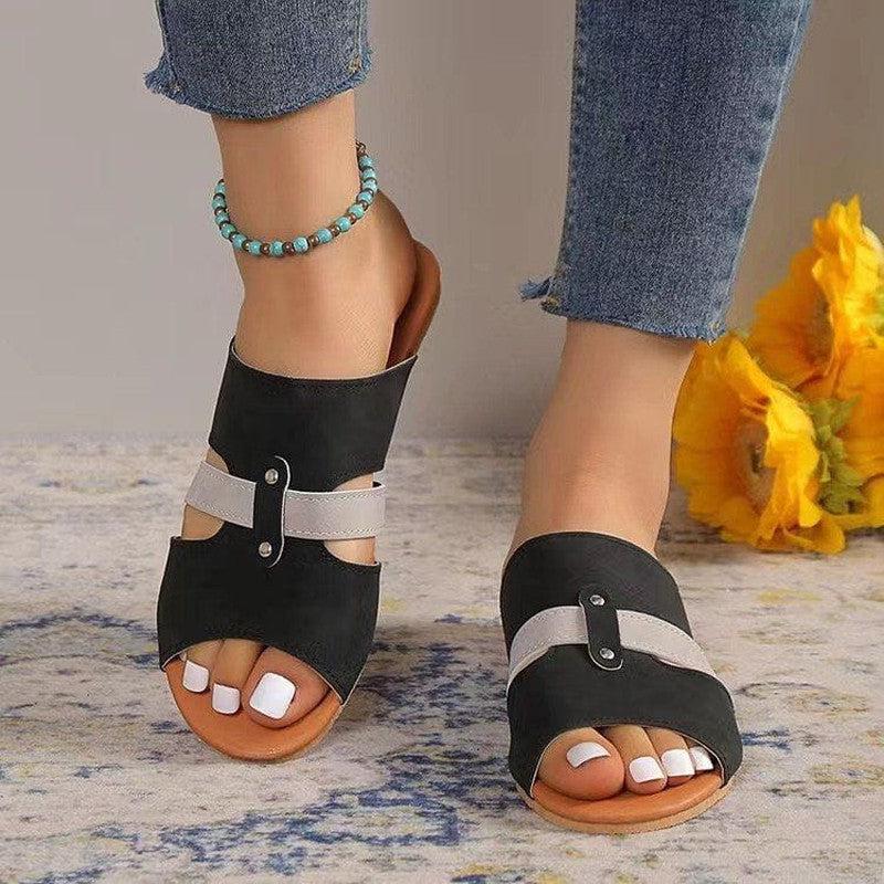 Cheky - New Fish Mouth Sandals With Belt Buckle Design Summer Beach Shoes For Women Fashion Casual Low Heel Flat Slides Slippers