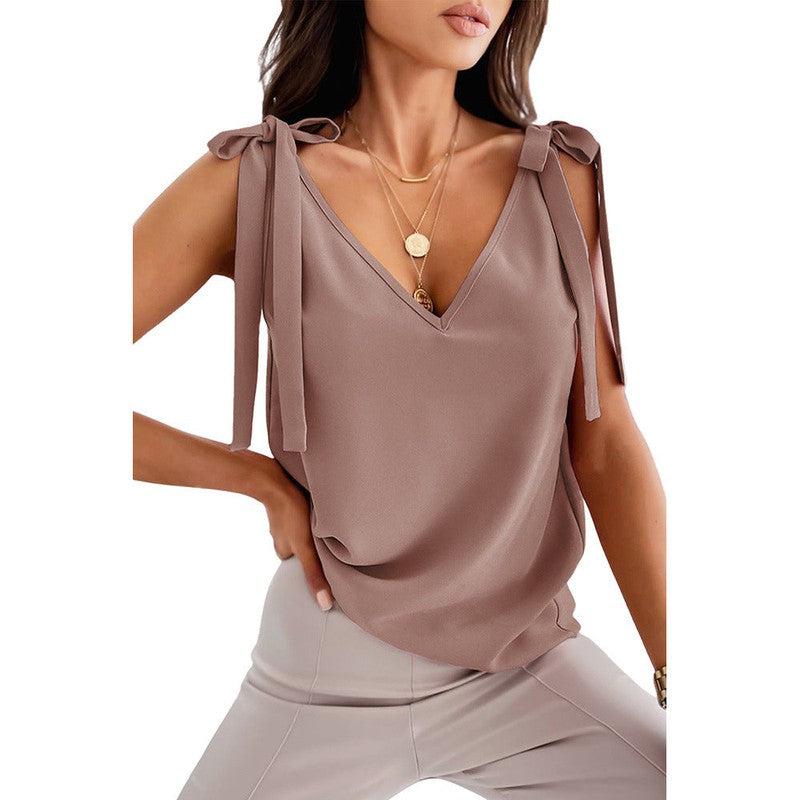 Cheky - Bowknot Tie Up Camisole V-neck Shirts Women Summer Sleeveless Tank Tops