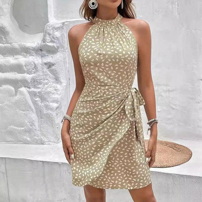 Cheky - Summer Halterneck Printed Dress With Tied-waist Design Women's Shivering Dots Temperament Dress