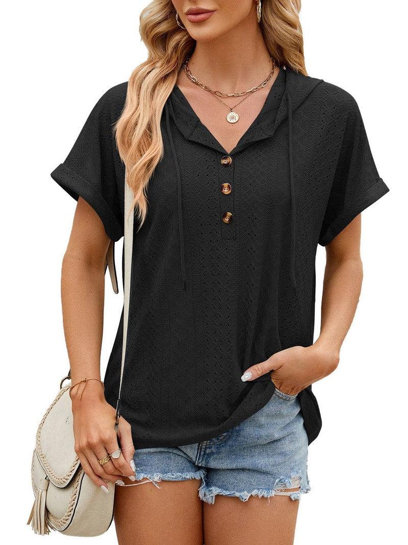 Cheky - New Solid Color Hooded Button T-shirt Loose Hollow Design Short-sleeved Top For Womens Clothing