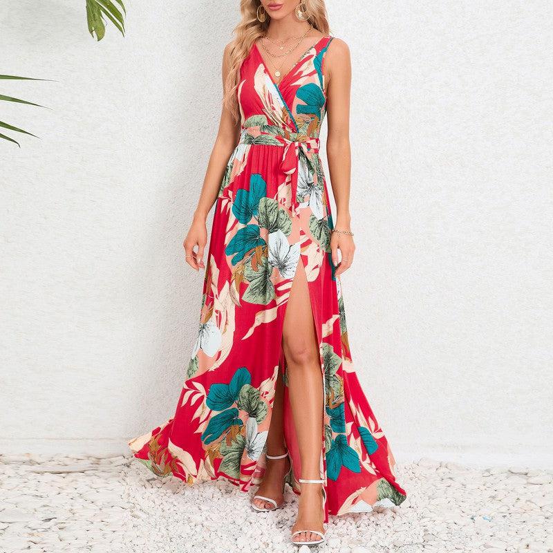 Cheky - V-neck Floral Print Long Dress Summer Fashion Waist Tie Slit Design Sleeveless Dress For Womens Clothing