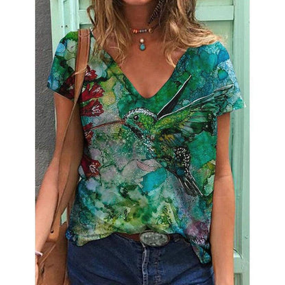 Cheky - Women's Printed Short-sleeved T-shirt V-neck Loose Top