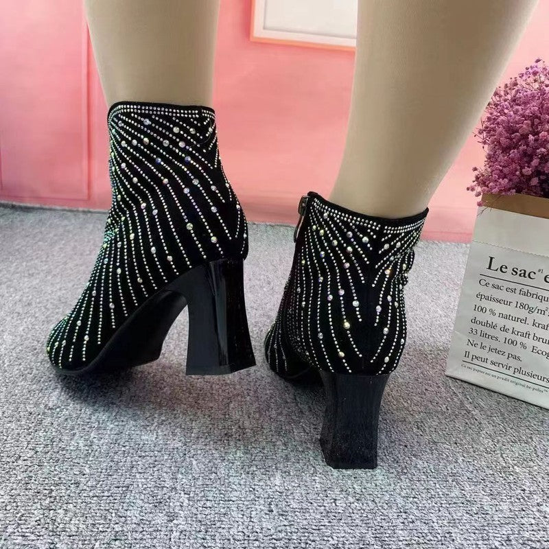 Cheky - New Pointed Toe Anti-collision High Heel Starry Rhinestone Booties Women