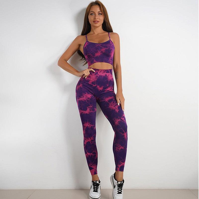 Cheky - Women's Tie-dye Print Yoga Suit Women Fitness Sports High Waist Trousers Or Shorts Set