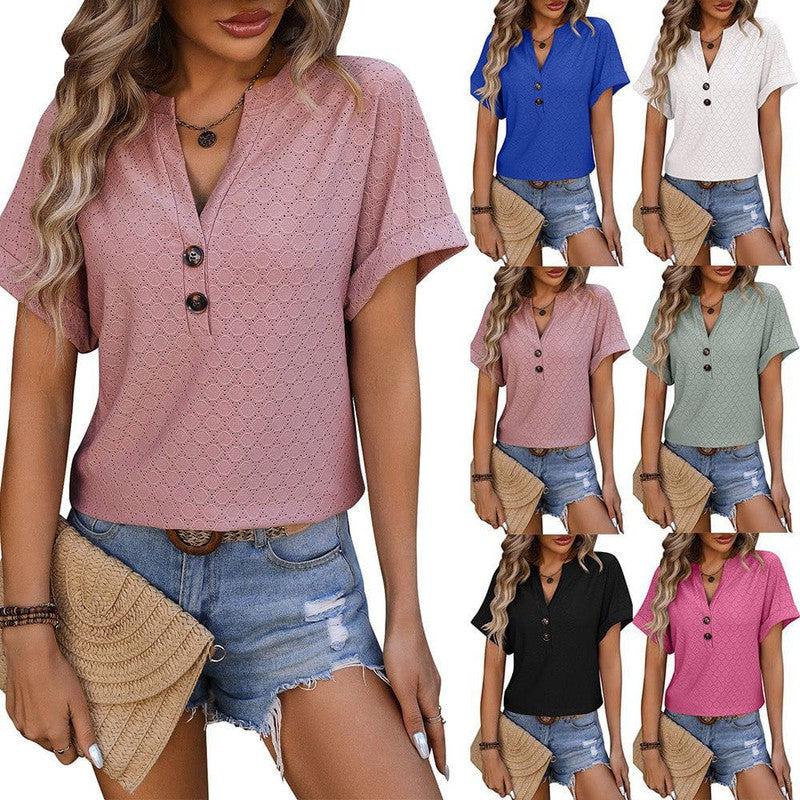 Cheky - New Hollow Circle Design T-shirt V-neck Button Solid Color Short-sleeved T-shirt Tops For Womens Clothing