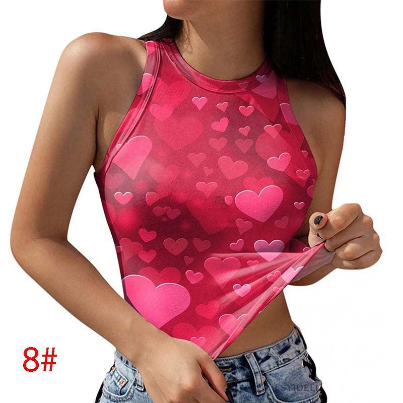 Cheky - European And American Spring And Summer Print Round Neck Sleeveless Casual Vest Crop Top Women's Ins