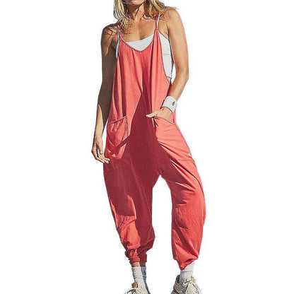 Cheky - Summer Women's Loose Sleeveless Jumpsuits Spaghetti Strap Long Pant Romper Jumpsuit With Pockets Zipper