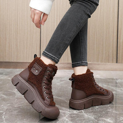 Cheky - Lace-up High-top Flat Shoes For Women Winter Warm Cashmere Snow Boots Fashion Street Campus Students Height Increasing Shoes