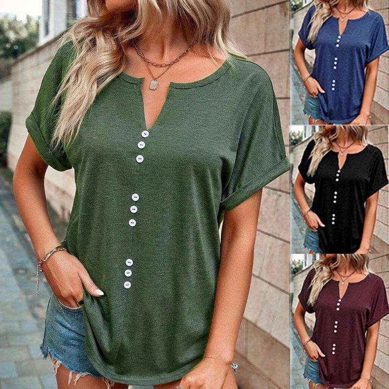 Cheky - V-neck Short Sleeve Tops Shirt Summer Button Design Blouse