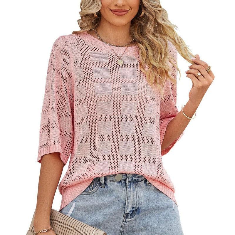 Cheky - Women's Round Neck Hollowed Out Sun Protection Shirt Knitted Sweater Cover Up