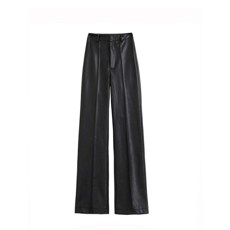 Cheky - Women's Black Straight Waist Wide Leg Trawl Wild Cat Casual PU Pants