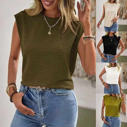 Cheky - Ins Pleated Round Neck Sleeveless Vest Top For Women Summer Fashion New Casual Solid Color T-shirt For Womens Clothing