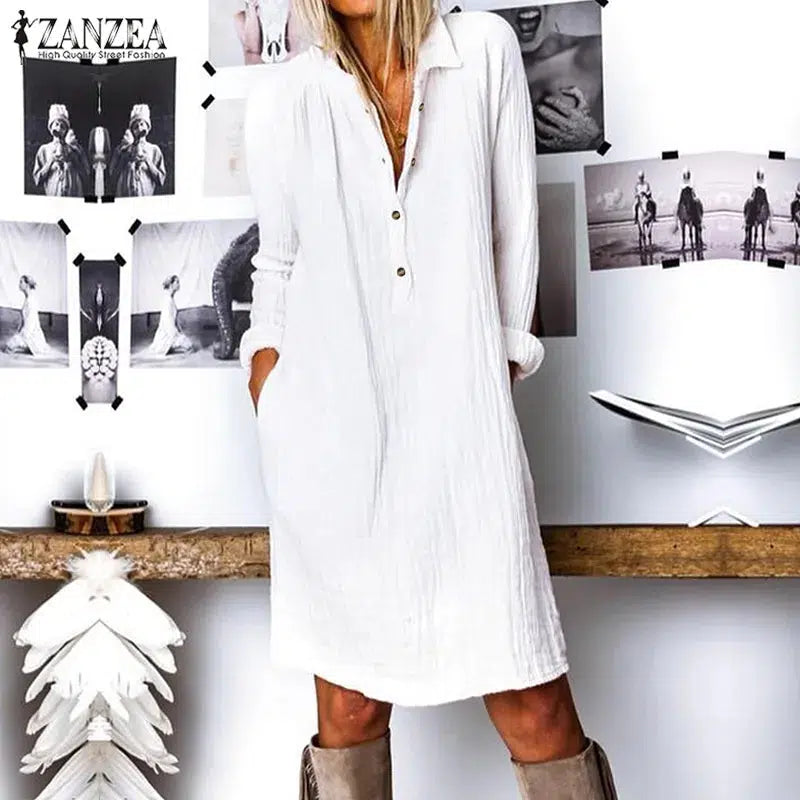 Cheky - ZANZEA Autumn Lapel Neck Long Shirt Dress