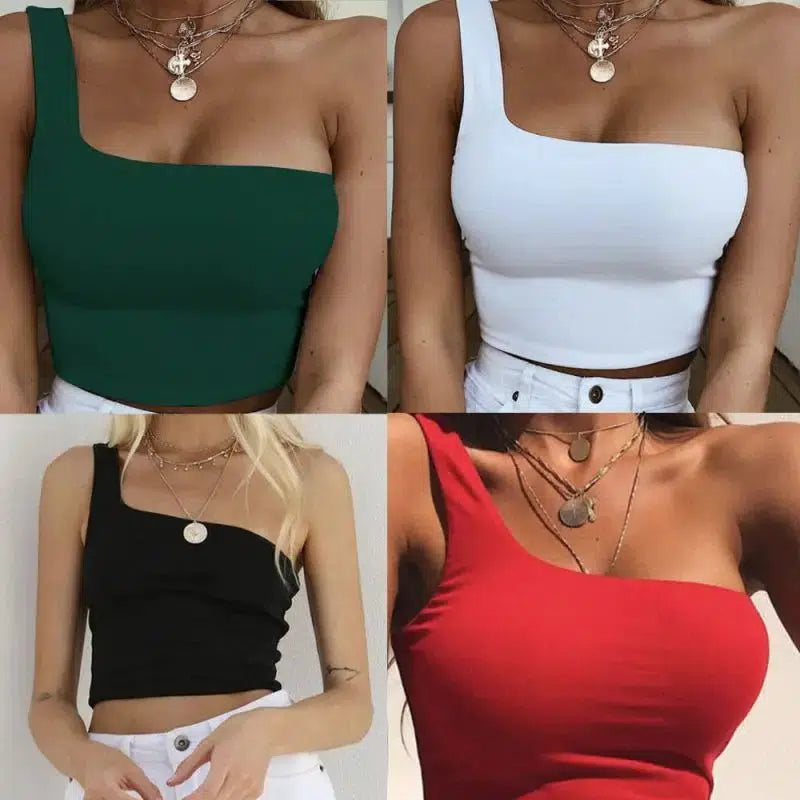 Cheky - Women Lady Female One Shoulder Crop Tops Sleeveless T-Shirt Tank Tops Summer Beach Vest Bare Midriff Summer Fashion Clothes