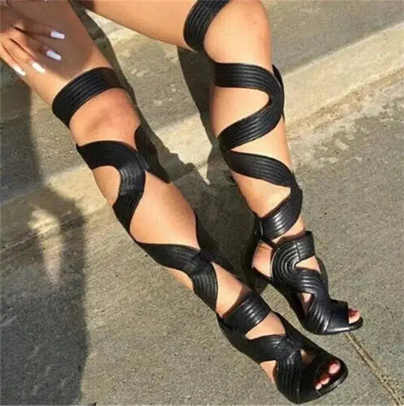 Cheky - Sexy Open Toe Gladiator Sandals Women Boots Cut-Outs Lace Up Thigh High Boots High Heels Black Leather Shoes Woman Botas