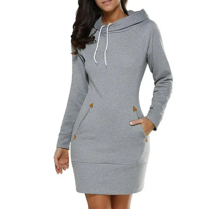 Cheky - Women‘s Knee-Length Pockets Dress Hooded Warm Sweat Shirt Long Sleeve Side Zip Neckline Simple Casual Sports Skirt