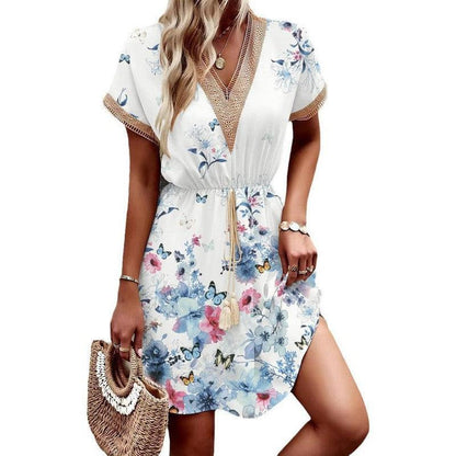 Cheky - Printed Short Sleeve Lace V-neck Tight Waist Dress