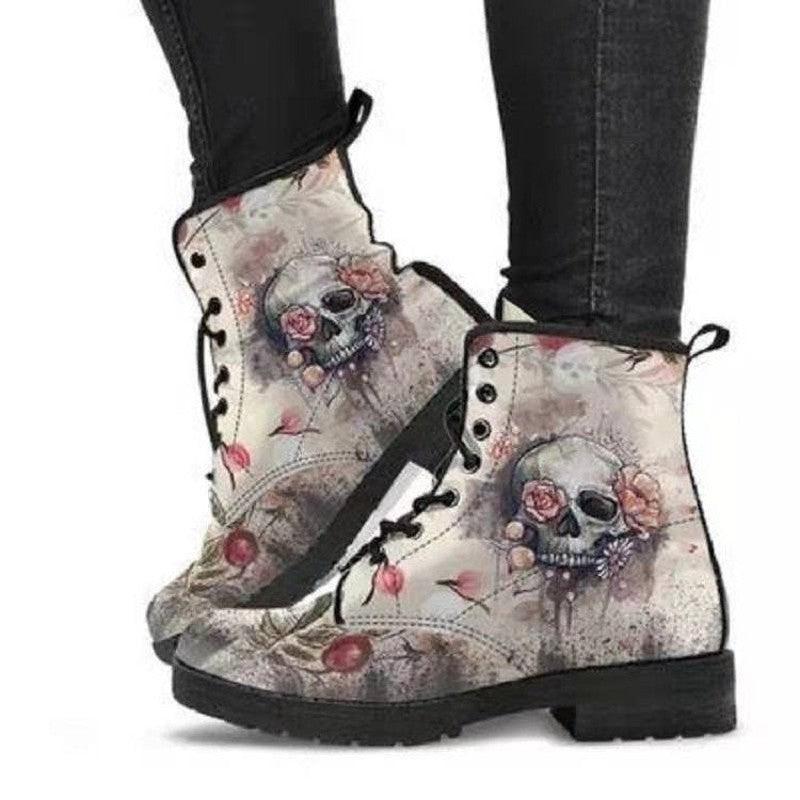 Cheky - Women's Fashion Simple Printed Leather Tooling Combat Boots