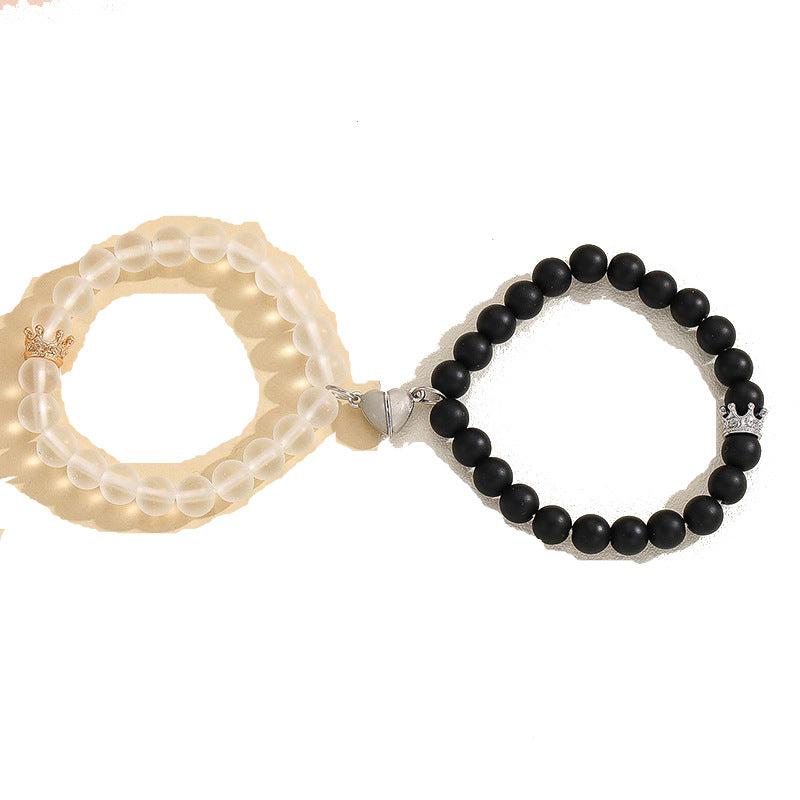 Cheky - Fashion Jewelry 2pcs Handmade Crown Beaded Charms Bracelet Luminou Heart Glow In The Dark Couple Bracelet For Lover Men Women Fluorescent Gift