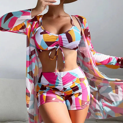 Cheky - Summer Print Swimsuits Tankini Sets Female Swimwear Push Up For Beach Wear Three-Piece Bathing Suits Pool Women's Swimming Suit