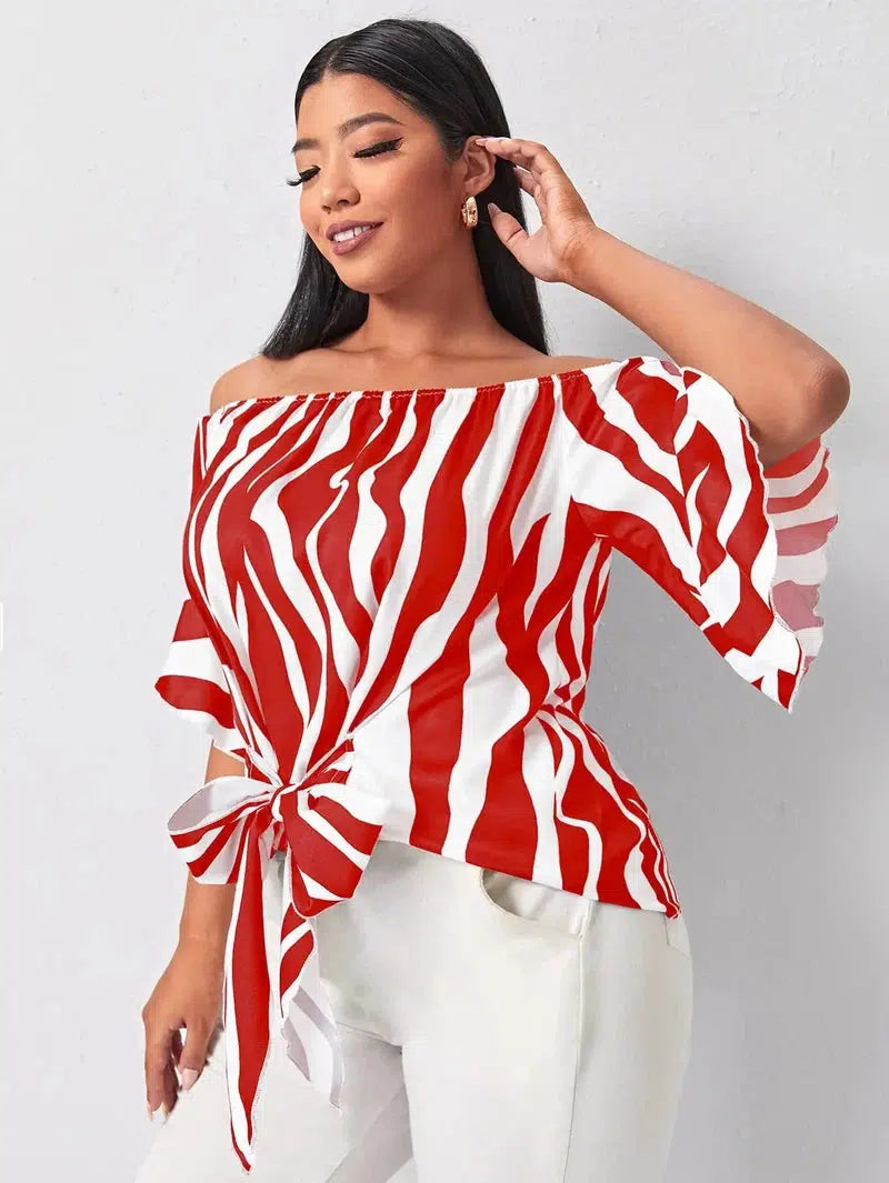 Cheky - Finjani Red Panel Blouse Barrel Neck Bell Sleeves Striped Tops Loose Lace up Elegant Plus Size Women's Blouses