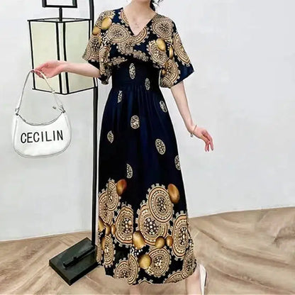 Cheky - Elegant Sweet Bohemian Style V-neck Elastic Waist Loose Large Swing Flower Printed Girls Summer Dress for Woman Skirt