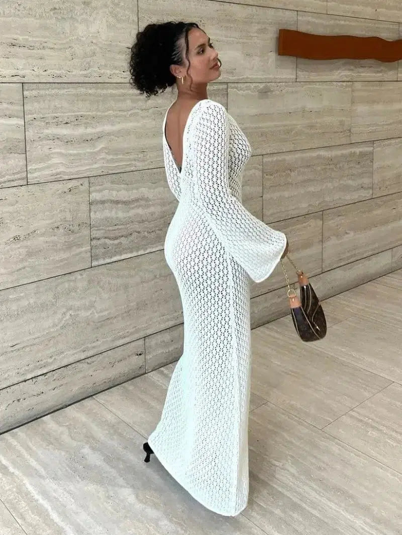 Cheky - Tossy White Knit Fashion Cover up Maxi Dress Female See-Through V-Neck Hollow Out Beach Holiday Dress Knitwear Backless Dress