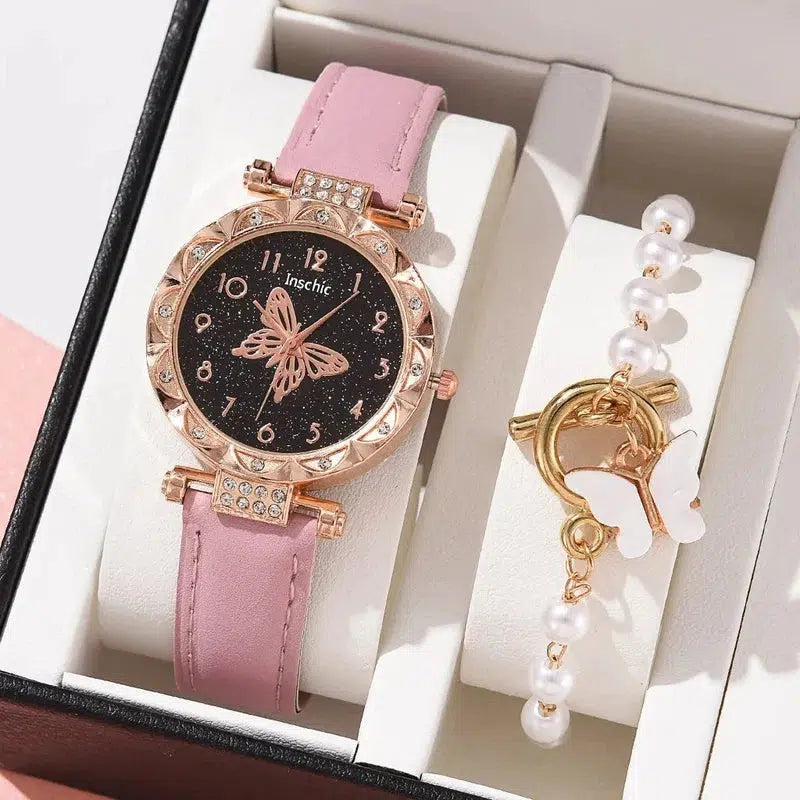 Cheky - Female New Luxury Ladies Watch Bracelet Set Quartz Wristwatch 2 PCS Set Women Watch Clock Gift Leather Strap Reloj Mujer