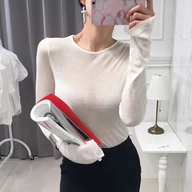 Cheky - Shintimes Sexy Shirt Women T-Shirt Long Sleeve Korean Style Slim Basic Elasticity Tshirt Top Womens Clothing T Shirt Femme