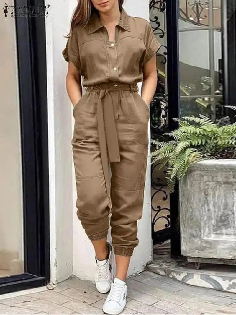 Cheky - Summer Fashion OL Work Jumpsuit Vintage Cargo Rompers Woman Lapel Neck Short Sleeve Playsuits Elegant Party Overall