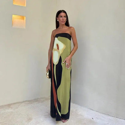 Cheky - Sexy Avocado Print Strapless Dress For Women Loose Off Shoulder Contrast Color Maxi Dresses Summer Chic Ladies Holiday Robes