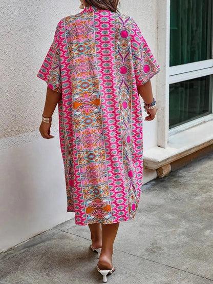 Cheky - Women's Plus Size Printed Two-piece Set, featuring a bohemian print open front kimono with short sleeves and shorts ensemble.