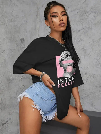 Cheky - INTENSE FEELINGS Street Hip Hop Female T-Shirts Loose Oversize Short Sleeve Soft Cotton Soft Tops Summer Breathable Tee Clothing