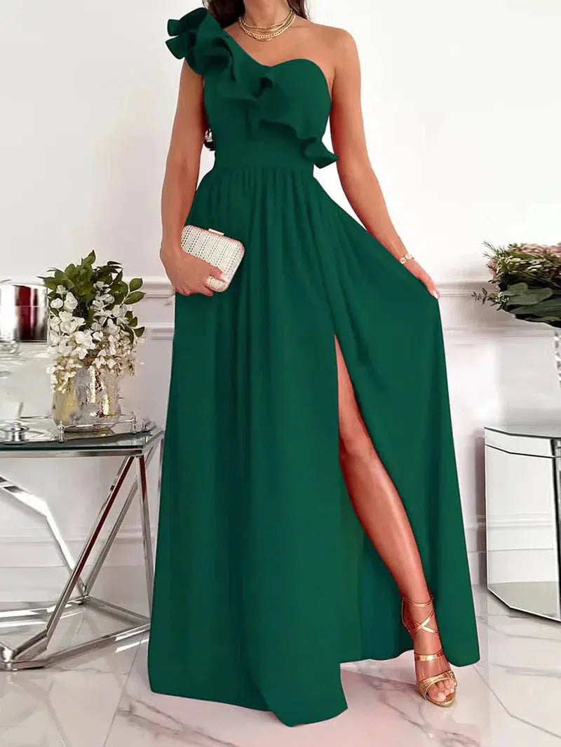 Cheky - Ladies Off Shoulder Diagonal collar Pleated Evening Dress Solid Sleeveless Ruffle Hem Elegant Dress Summer Sexy Slit Maxi Dress