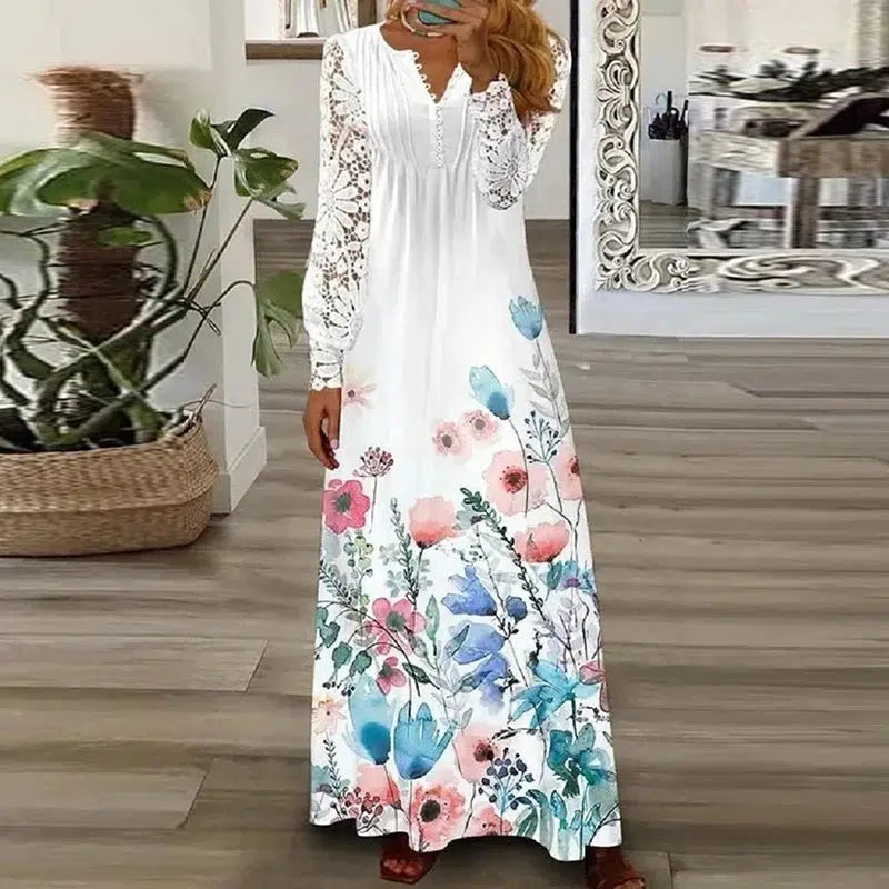 Cheky - Spring Summer Floral Print Long Dress Boho V Neck Long Sleeve Lace Patchwork Party Dresses For Women Fashion Holiday Maxi Dress