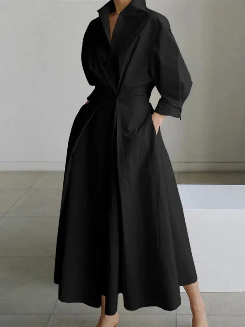 Cheky - S-5XL Korean Fashion Long Sleeve Shirt Dress Chic Turndown Neck Ruched Maxi Dress Women Autumn Winter Clothes Streetwear