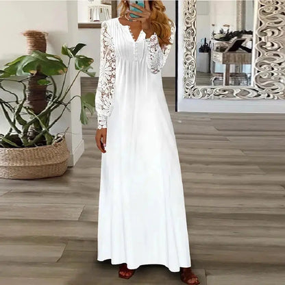 Cheky - Spring Summer Floral Print Long Dress Boho V Neck Long Sleeve Lace Patchwork Party Dresses For Women Fashion Holiday Maxi Dress